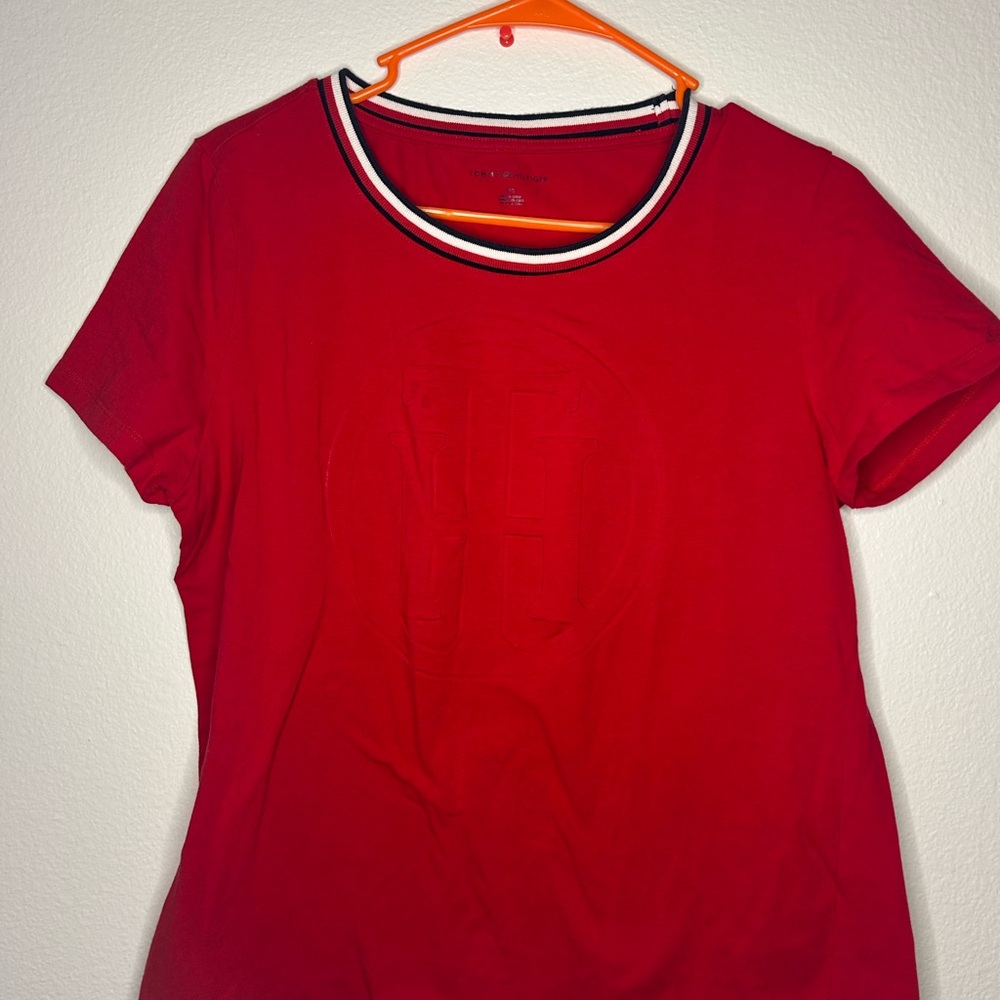 Tommy Hilfiger Women's Red Tee with Striped Collar